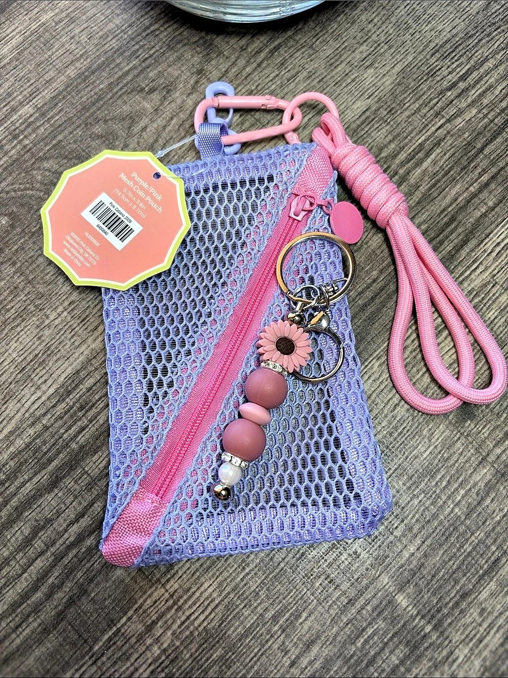 🔥5 for $25🔥Pink Cabana Mesh Coin Pouch with Handmade Keychain/ Bag Charm